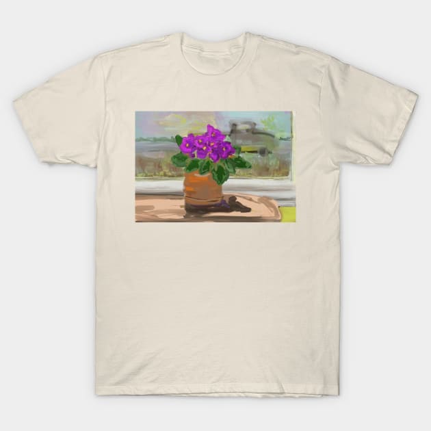 African Violet and view from window. T-Shirt by trishaclarkin